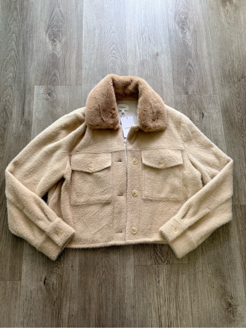 z supply peyton cream & tan cropped soft teddy knit boxy jacket coat small NEW